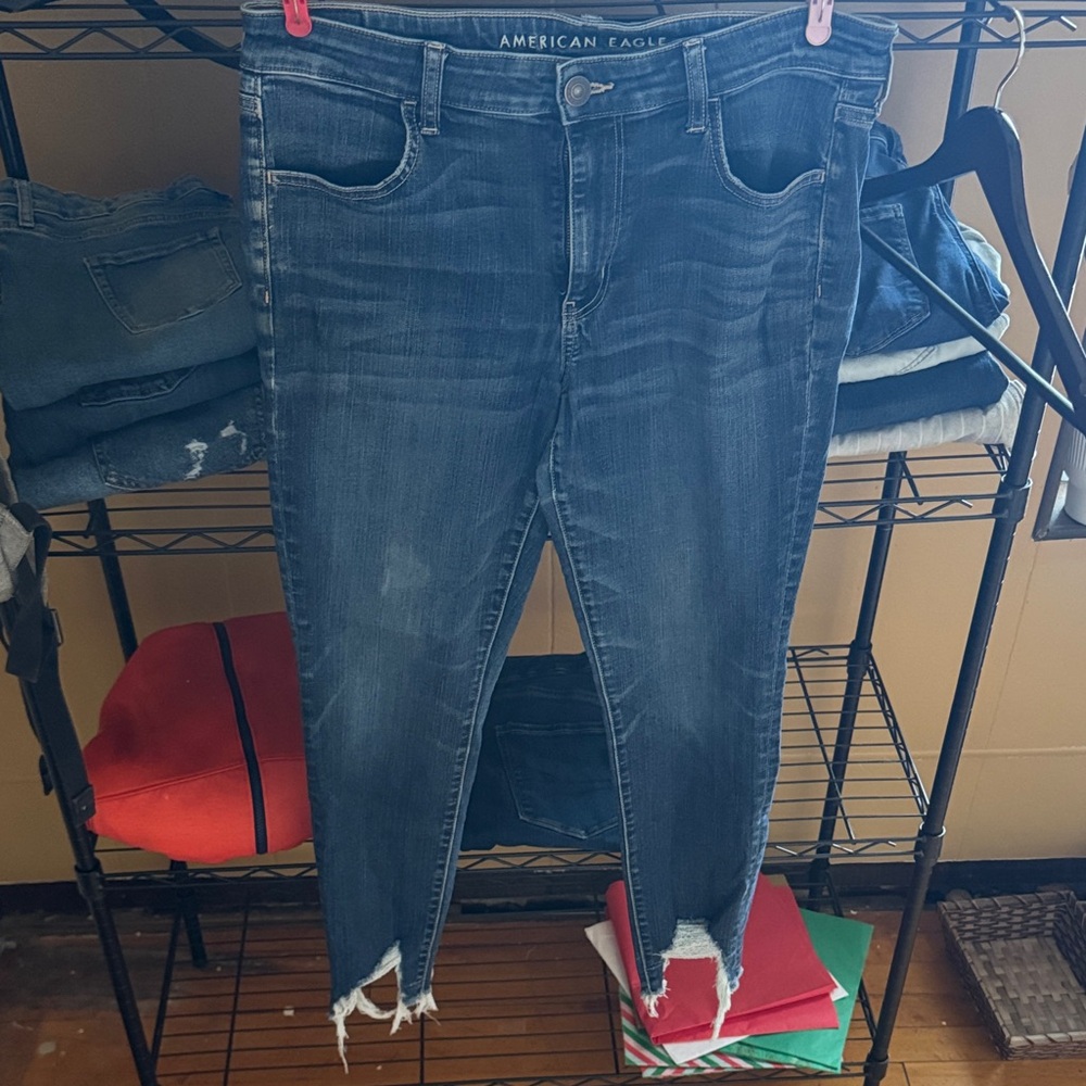 American Eagle Dark Wash Distressed Hem Skinny Jeans